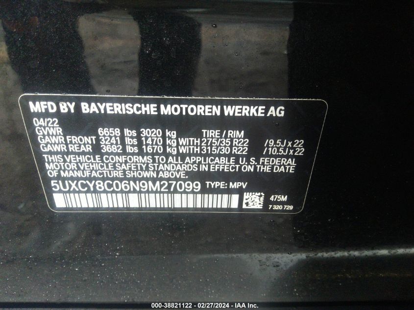 VIN 5UXCY8C06N9M27099 2022 BMW X6, M50I no.9