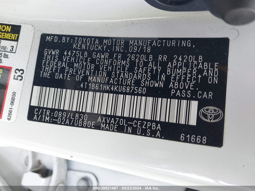 2019 TOYOTA CAMRY XSE - 4T1B61HK4KU687560