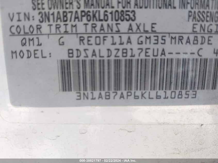 VIN 3N1AB7AP6KL610853 2019 NISSAN SENTRA S/SV/SR/SL
