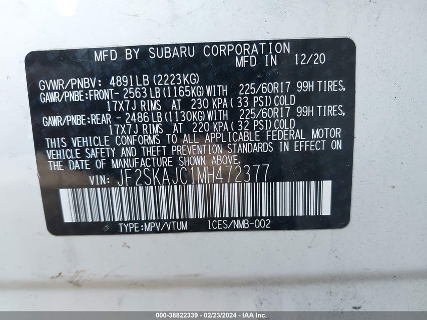 VIN JF2SKAJC1MH472377 2021 SUBARU FORESTER PREMIUM