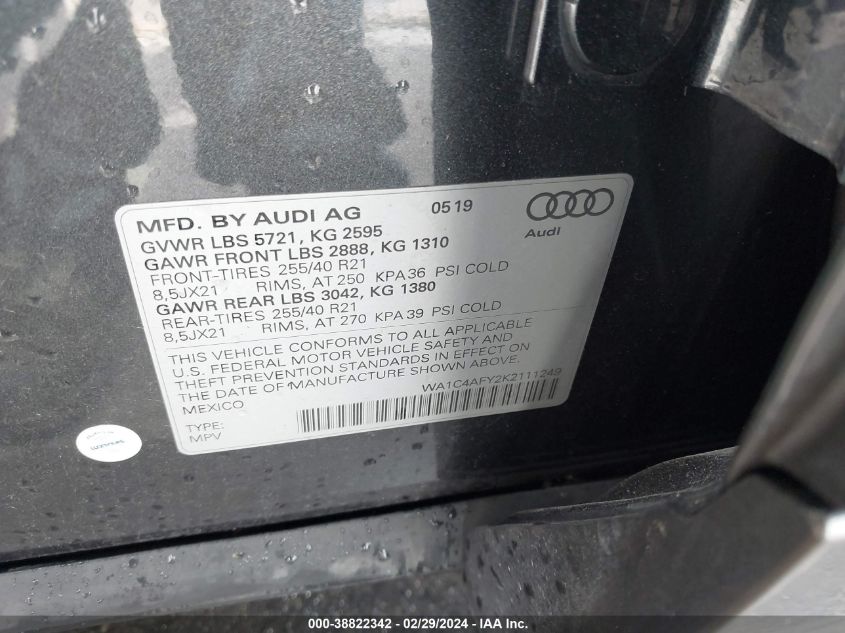 2019 Audi Sq5 3.0T Premium VIN: WA1C4AFY2K2111249 Lot: 38822342