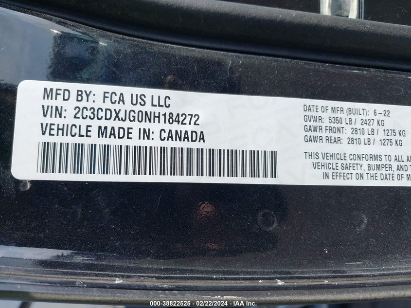 VIN 2C3CDXJG0NH184272 2022 DODGE CHARGER SXT AWD