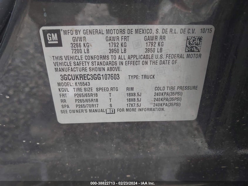 2016 CHEVROLET SILVERADO 1500 K1500 LT - 3GCUKREC3GG107603