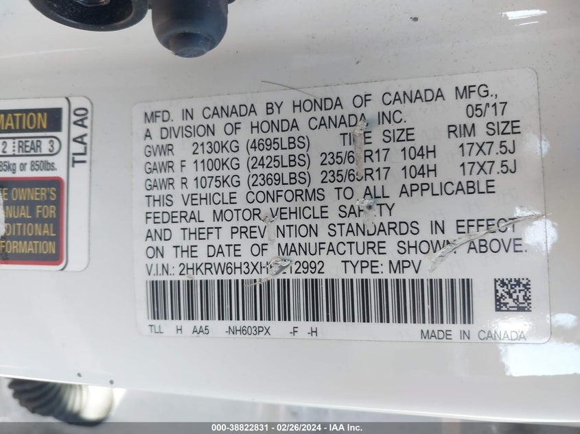 2017 HONDA CR-V LX - 2HKRW6H3XHH212992