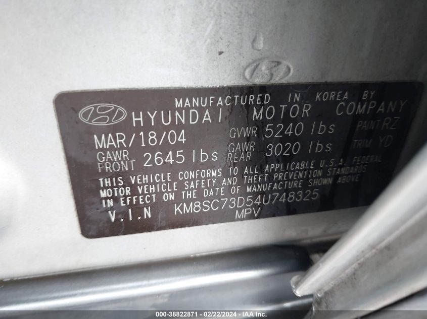 KM8SC73D54U748325 2004 Hyundai Santa Fe Gls