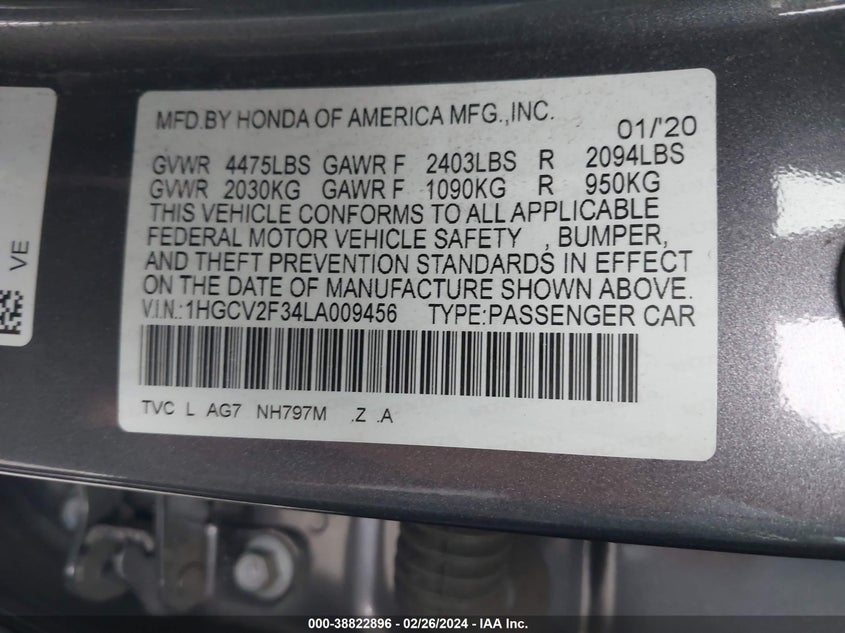 VIN 1HGCV2F34LA009456 2020 HONDA ACCORD SPORT