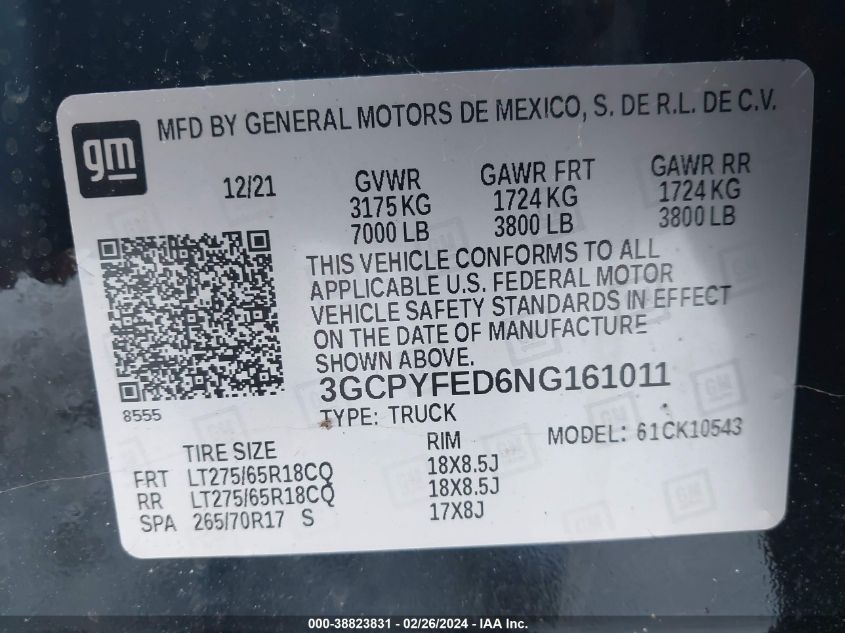 2022 Chevrolet Silverado 1500 Ltd 4Wd Short Bed Lt Trail Boss VIN: 3GCPYFED6NG161011 Lot: 38823831