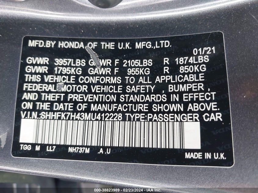 VIN SHHFK7H43MU412228 2021 HONDA CIVIC SPORT