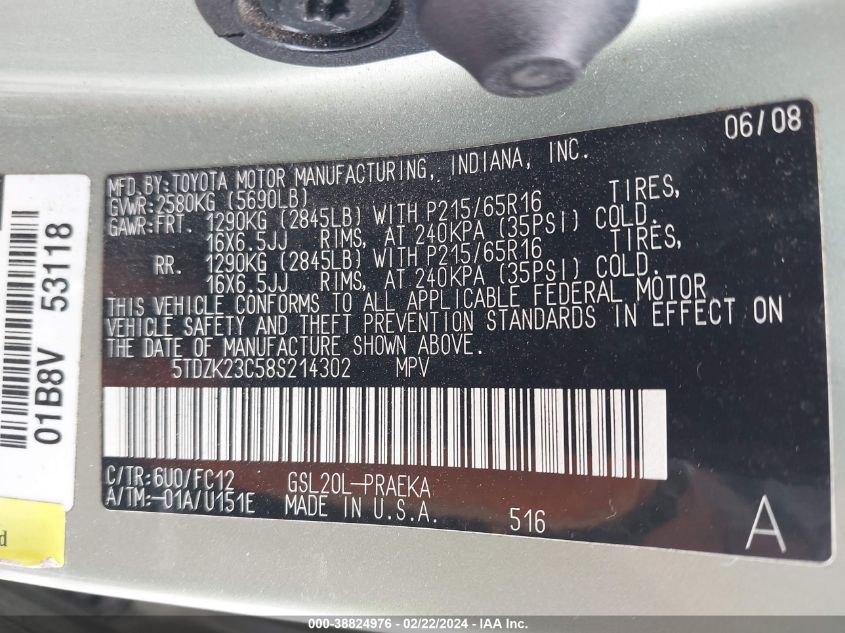 2008 Toyota Sienna Le VIN: 5TDZK23C58S214302 Lot: 38824976