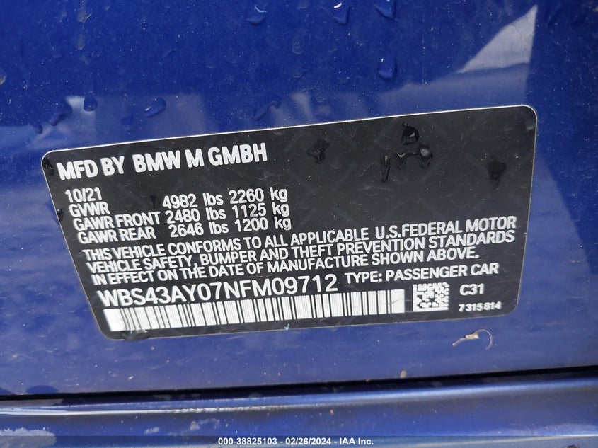 VIN: WBS43AY07NFM09712 2022 BMW M3 COMPETITION XDRIVE