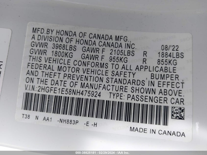 VIN 2HGFE1E58NH475924 2022 HONDA CIVIC SI SEDAN