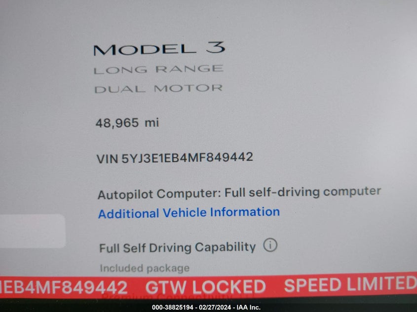 VIN 5YJ3E1EB4MF849442 2021 TESLA MODEL 3