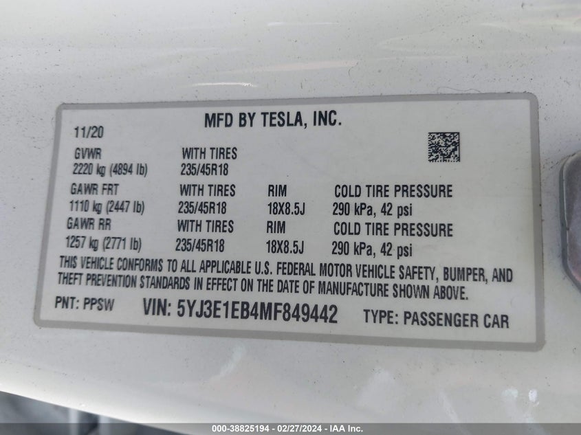 VIN 5YJ3E1EB4MF849442 2021 TESLA MODEL 3