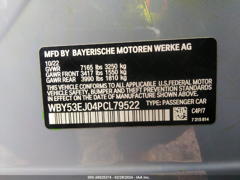 2023 BMW I7 xDrive60 VIN: WBY53EJ04PCL79522 Lot: 38825374