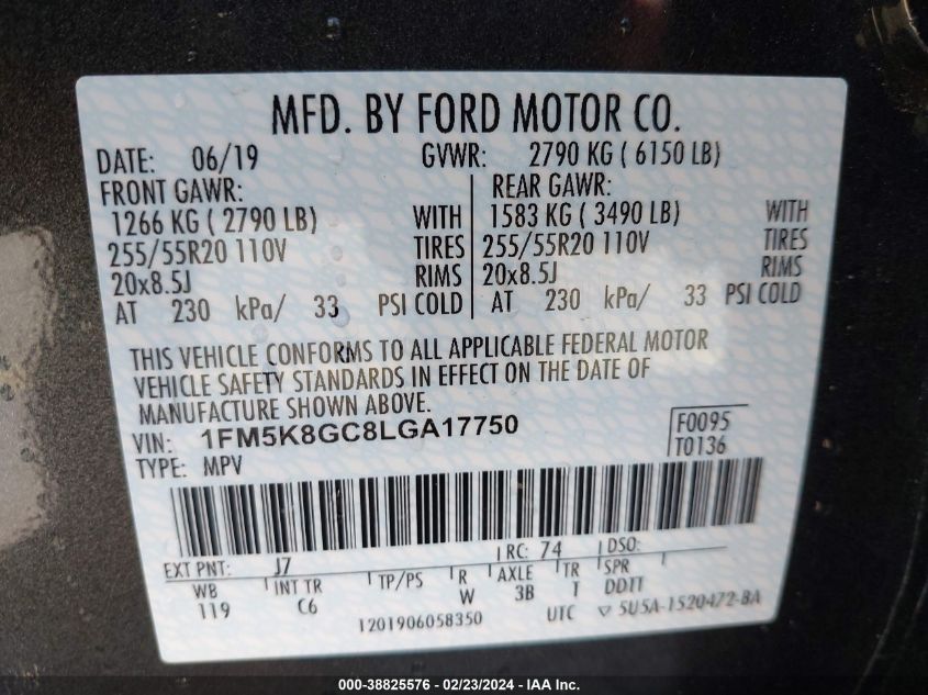 2020 Ford Explorer St VIN: 1FM5K8GC8LGA17750 Lot: 38825576