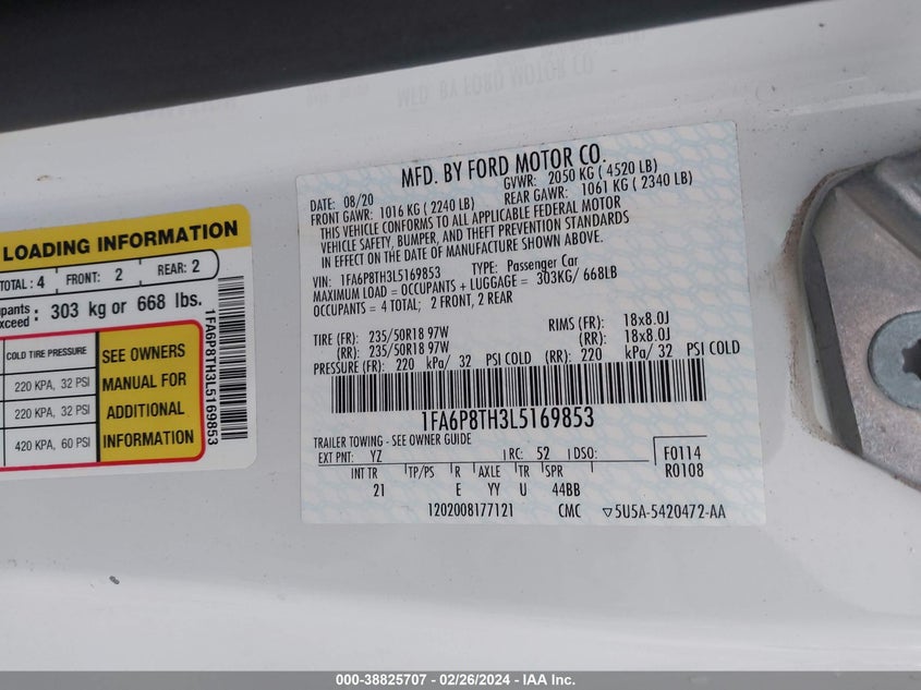 VIN 1FA6P8TH3L5169853 2020 FORD MUSTANG