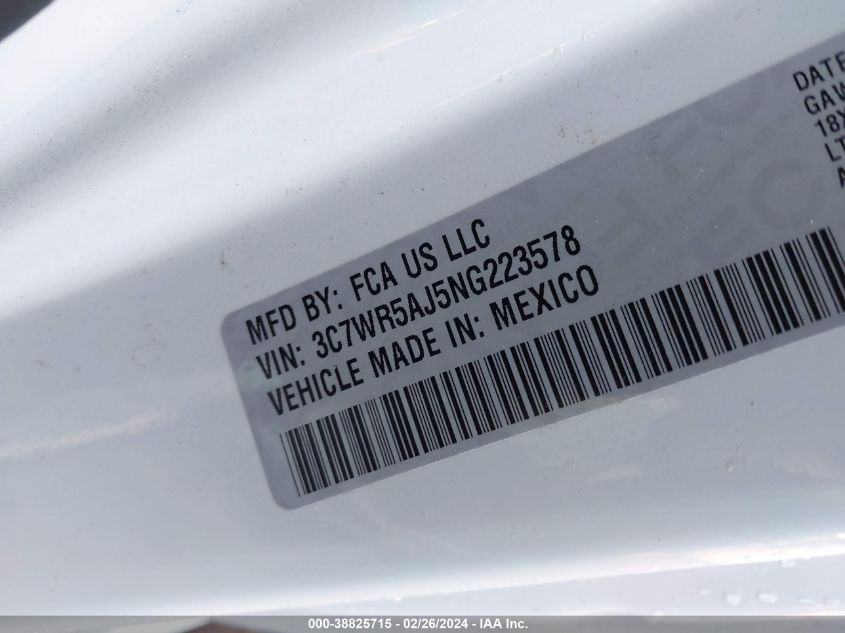 2022 Ram 2500 Tradesman Regular Cab 4X4 8' Box VIN: 3C7WR5AJ5NG223578 Lot: 38825715