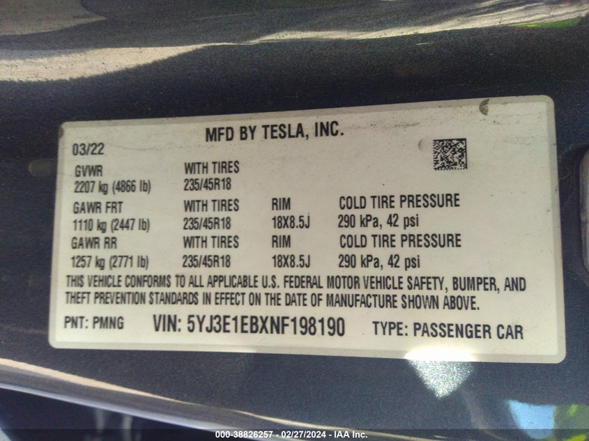 VIN 5YJ3E1EBXNF198190 2022 TESLA MODEL 3 LONG RANGE DUAL MOTOR ALL-WHEEL DRIVE