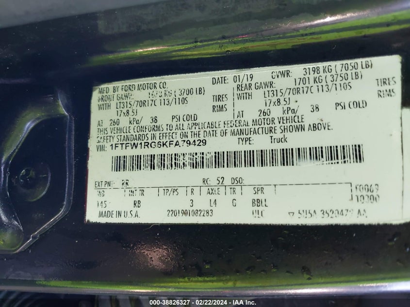 VIN 1FTFW1RG6KFA79429 2019 FORD F-150 RAPTOR