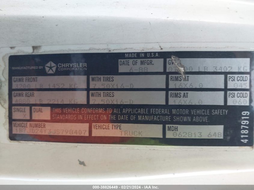 1988 Dodge D-Series D200/D250 VIN: 1B7JD24Y3JS798407 Lot: 38826449