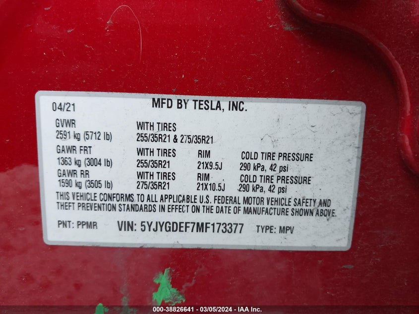 VIN 5YJYGDEF7MF173377 2021 TESLA MODEL Y