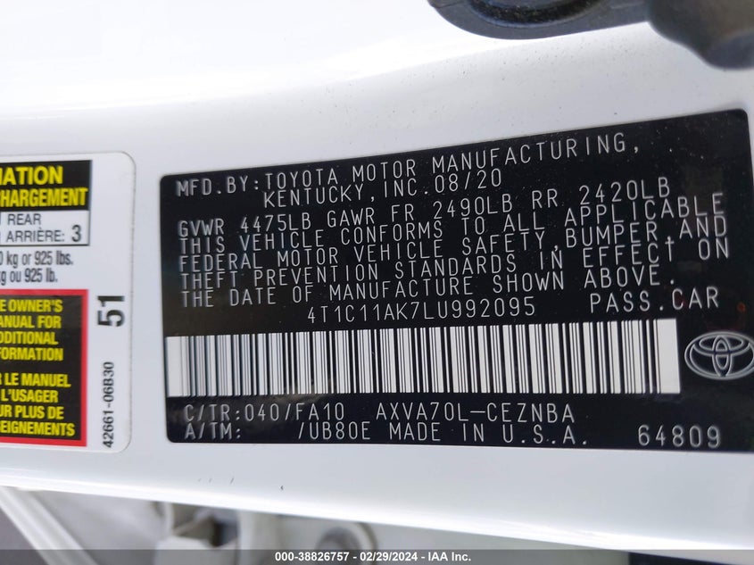 VIN 4T1C11AK7LU992095 2020 TOYOTA CAMRY LE