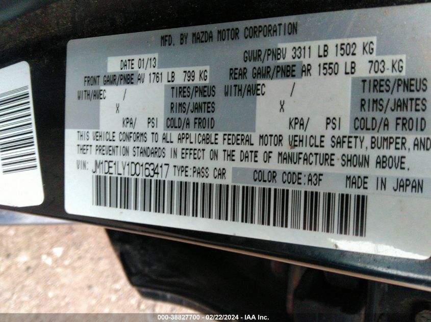 2013 Mazda Mazda2 Touring VIN: JM1DE1LY1D0163417 Lot: 38827700