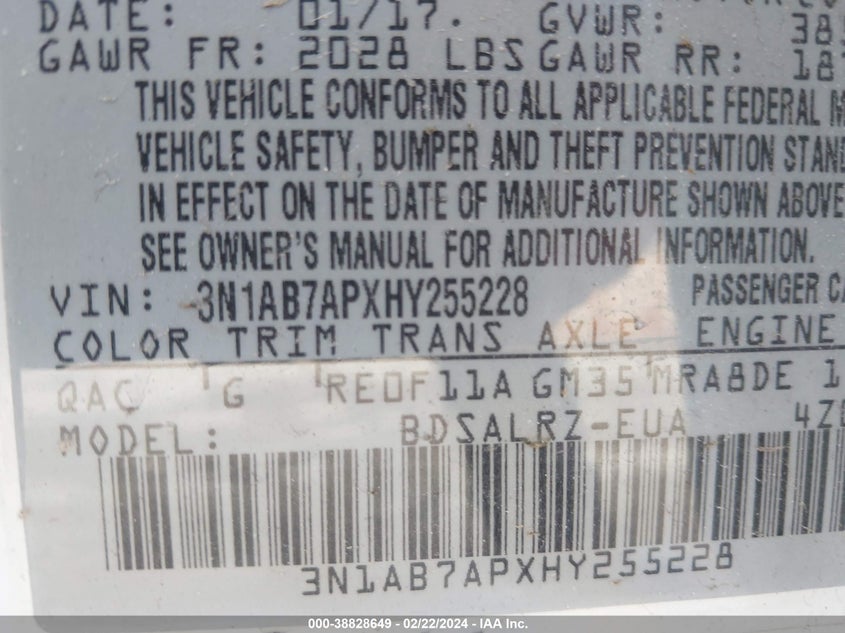 VIN 3N1AB7APXHY255228 2017 NISSAN SENTRA SR