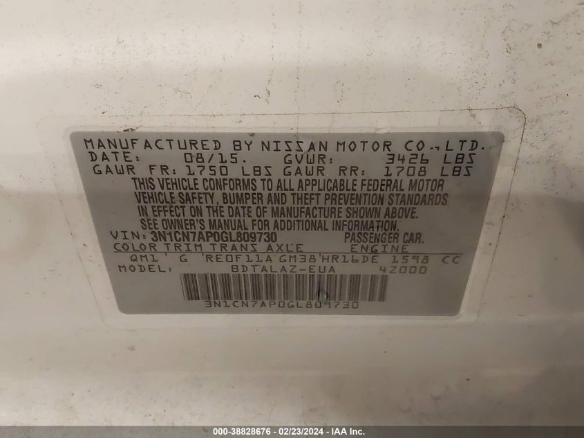 2016 NISSAN VERSA S/S PLUS/SV/SL - 3N1CN7AP0GL809730