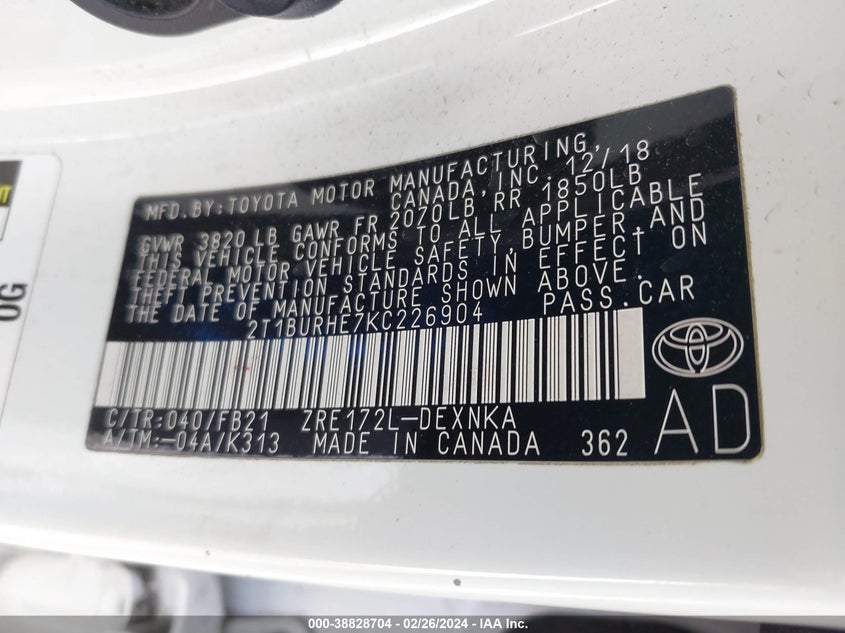 2019 TOYOTA COROLLA LE - 2T1BURHE7KC226904