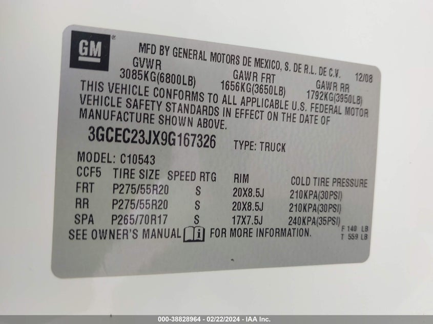 2009 CHEVROLET SILVERADO 1500 VIN: 3GCEC23JX9G167326