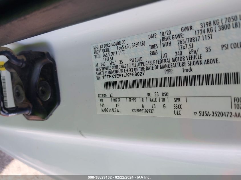 1FTFX1E51LKF58027 2020 Ford F-150 Xl