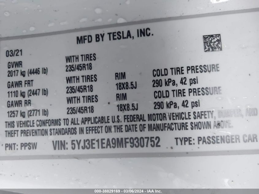 2021 Tesla Model 3 Standard Range Plus Rear-Wheel Drive VIN: 5YJ3E1EA9MF930752 Lot: 38829169