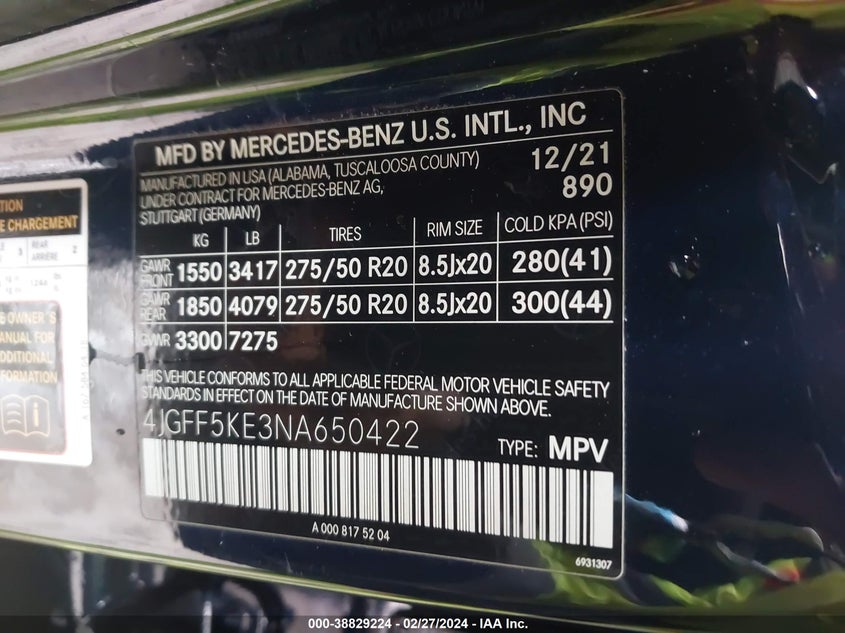 2022 MERCEDES-BENZ GLS 450 VIN: 4JGFF5KE3NA650422