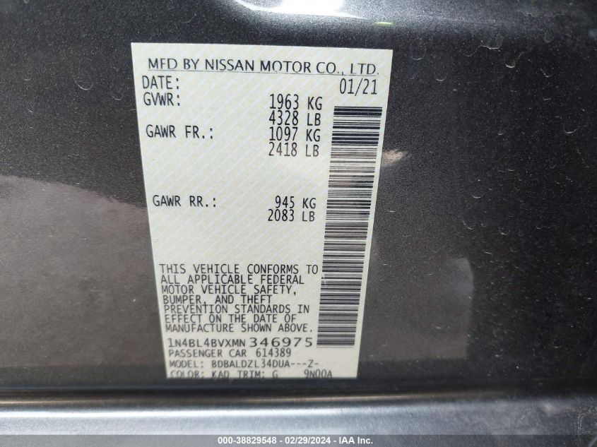 2021 Nissan Altima S Fwd VIN: 1N4BL4BVXMN346975 Lot: 38829548