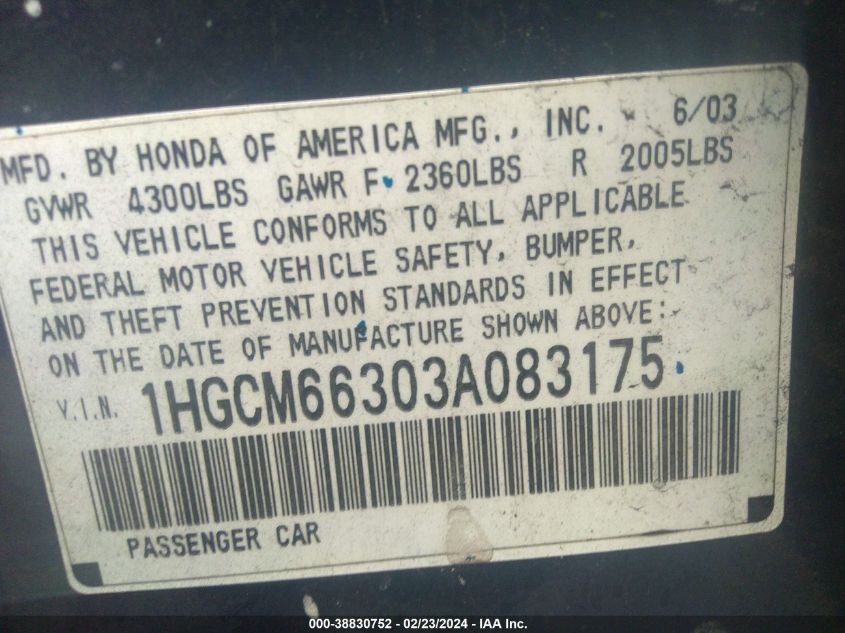 2003 Honda Accord 3.0 Lx VIN: 1HGCM66303A083175 Lot: 38830752