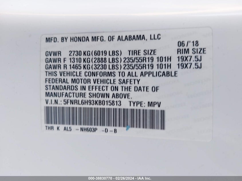 VIN: 5FNRL6H93KB015813 2019 HONDA ODYSSEY ELITE