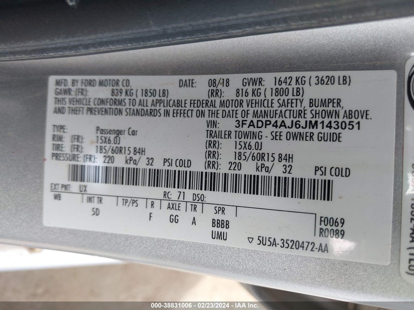 VIN 3FADP4AJ6JM143051 2018 FORD FIESTA S