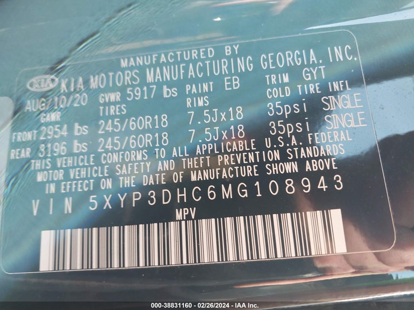 2021 KIA TELLURIDE EX 5XYP3DHC6MG108943