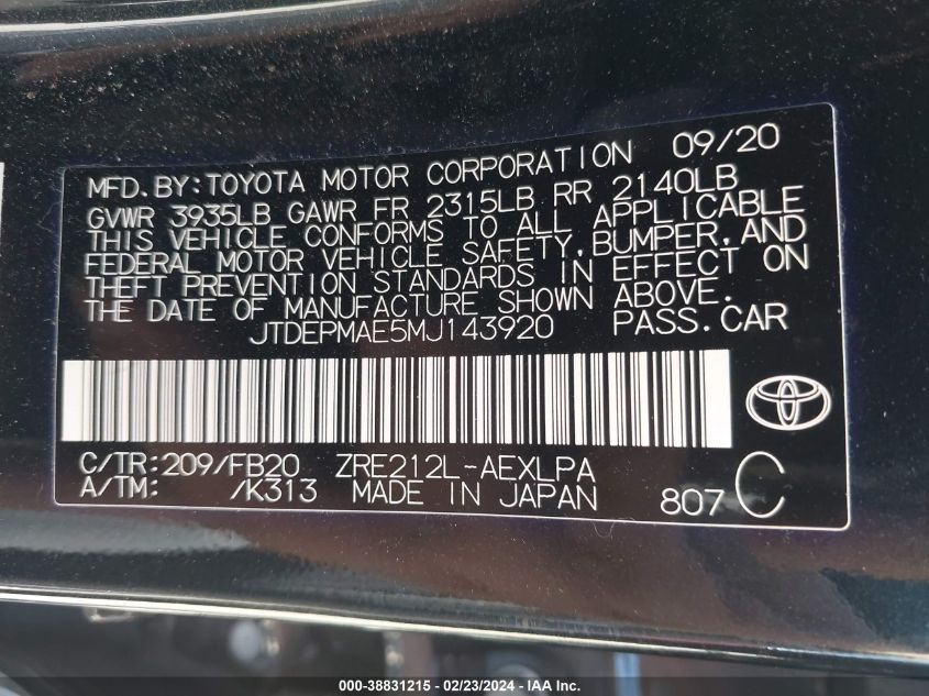 2021 Toyota Corolla Le VIN: JTDEPMAE5MJ143920 Lot: 38831215