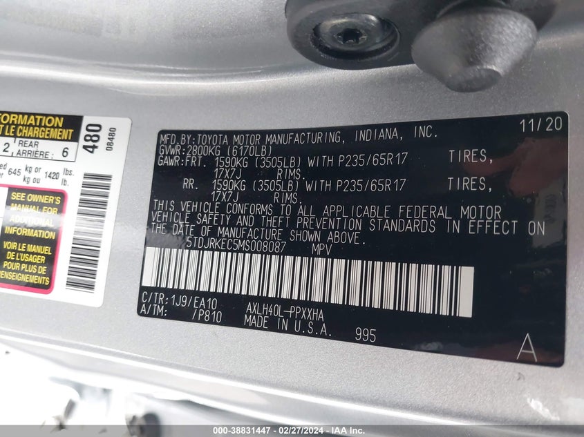 2021 TOYOTA SIENNA XLE - 5TDJRKEC5MS008087