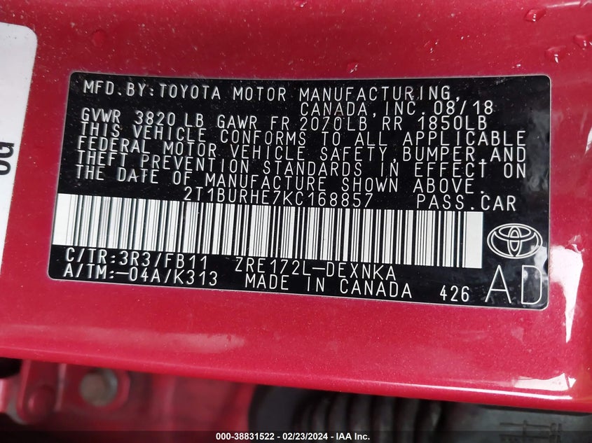 VIN 2T1BURHE7KC168857 2019 TOYOTA COROLLA LE