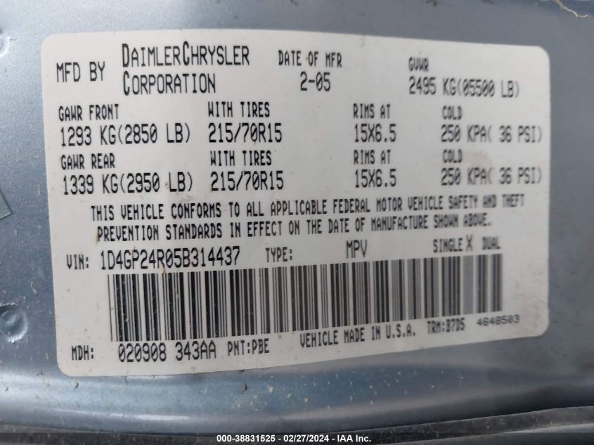 1D4GP24R05B314437 2005 Dodge Grand Caravan Se