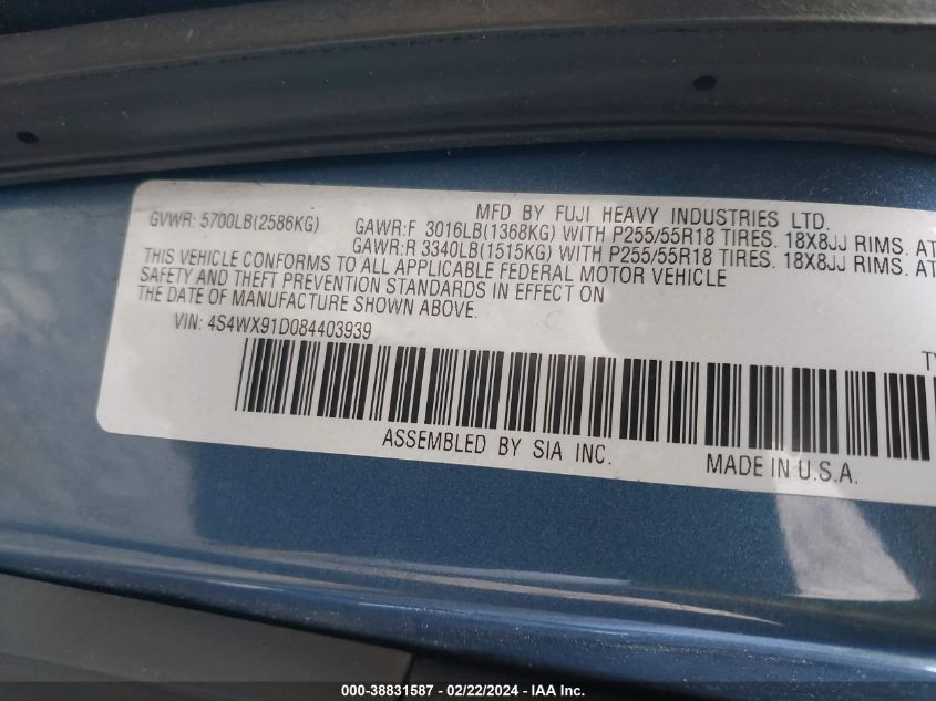 2008 Subaru Tribeca Base 5-Passenger VIN: 4S4WX91D084403939 Lot: 38831587