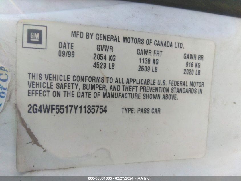 2000 Buick Regal Gs VIN: 2G4WF5517Y1135754 Lot: 38831665