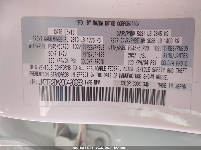 2013 MAZDA CX-9 GRAND TOURING - JM3TB2DA8D0420933