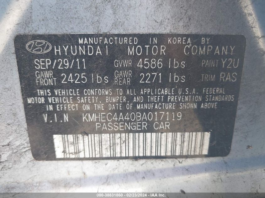 2011 Hyundai Sonata Hybrid VIN: KMHEC4A40BA017119 Lot: 38831860