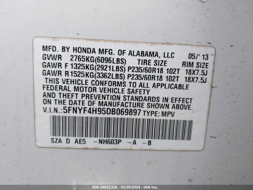 2013 HONDA PILOT TOURING - 5FNYF4H95DB069897