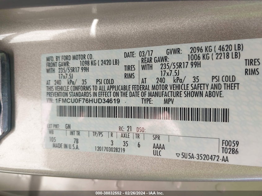 VIN 1FMCU0F76HUD34619 2017 FORD ESCAPE S