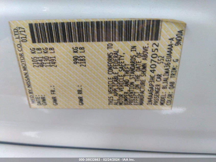 2017 NISSAN MAXIMA 3.5S/SV/SL/SR/PLAT - 1N4AA6AP3HC407052